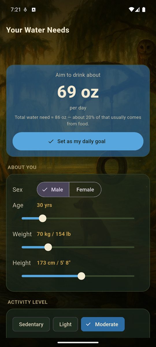 Bayou Water Break screenshot — a daily water estimate from sex, age, weight and height, shown in both metric and US units